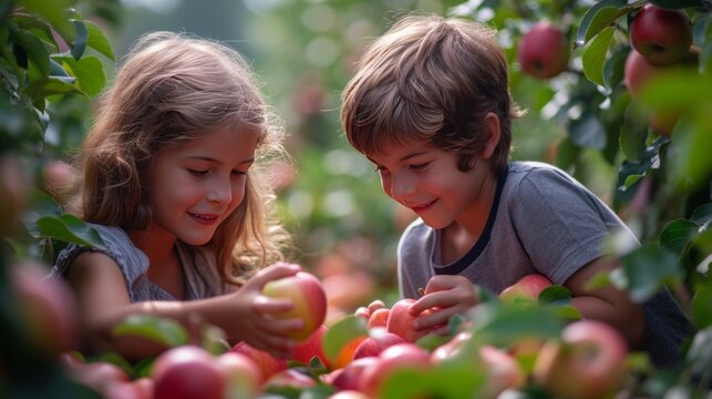 A boy and a girl of 10 years old collect beautiful red apples from an apple tree in a summer garden in sunny weather