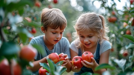 Fototapeta na wymiar A boy and a girl of 10 years old collect beautiful red apples from an apple tree in a summer garden in sunny weather