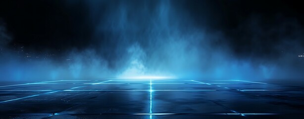 Dark empty scene, blue neon searchlight light, wet asphalt, smoke, night view, rays. AI Generative