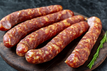Fototapeta premium products made from high quality meat. smoked sausage with seasonings on a tray, close-up, dark background. meat production concept