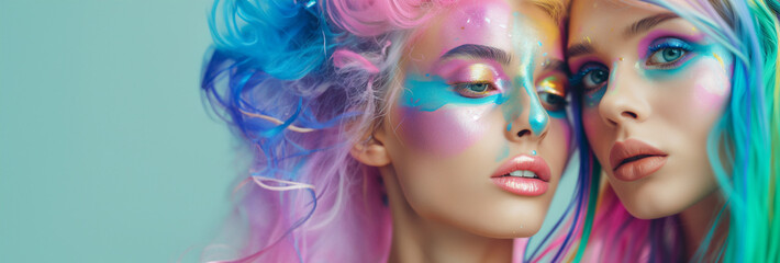 Beauty portrait of women with colorful glamour make up and colorful hair. pink lips and color eyeshadows. Contemporary art collage. Modern creative artwork. New vision of beauty. - obrazy, fototapety, plakaty