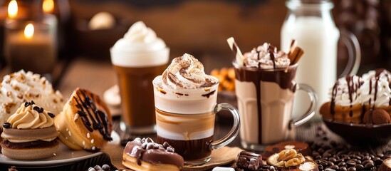 Fototapeta premium Indulge in Sweet Milk, Coffee, and Irresistible Treats - Milk, Coffee, Sweets, Treats, Milk, Coffee, Sweets, Treats, Milk, Coffee, Sweets, Treats