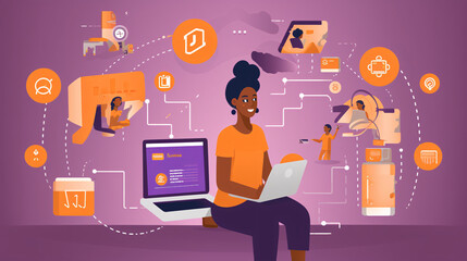 Cyber security concept vector illustration. Cartoon flat style design of woman sitting on the floor and working on laptop.