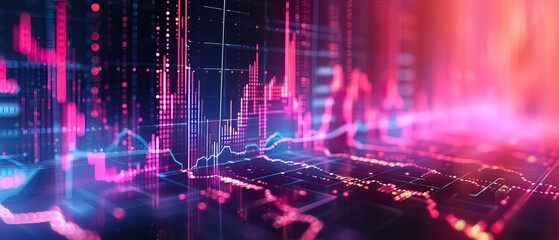 Abstract background Financial charts and graphs technology, pink purple colorful, background banner cover ultra wide 21:9