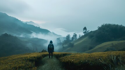 A lonely man standing in a mustard field on a gloomy day. Contemplating with nature. - obrazy, fototapety, plakaty