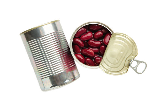 Red kidney beans, in an opened can. Cooked and canned common kidney beans, a variety of the common bean.