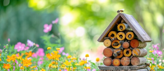 Insect house made of wood in a green garden during summer. Place for bugs, bees, wasps, butterflies, and ladybugs. Small shelter for wild insects in a park. - obrazy, fototapety, plakaty