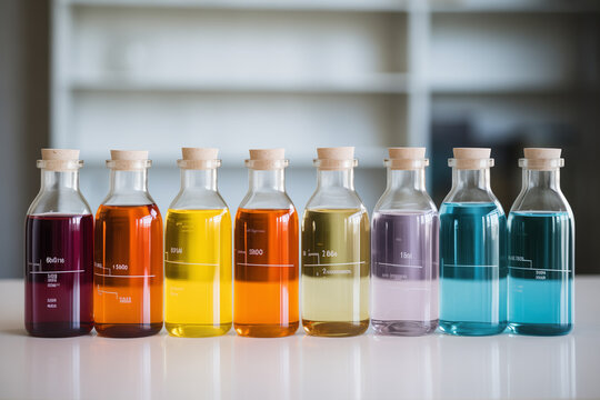 extreme closeup colorful crystal bottles in laboratory