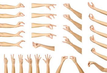 Hands measuring invisible items gesture. Multiple images set of female caucasian hand with french manicure Hands measuring something - 721111504