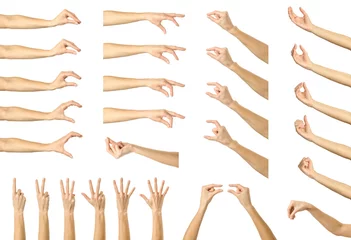 Fototapeten Hands measuring invisible items gesture. Multiple images set of female caucasian hand with french manicure Hands measuring something © Iurii