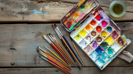 Naklejka premium Klassische Anordnung mit einem Set von Bunten Aquarellfarben auf Einem Hellen, Holzfarbenen Untergrund 