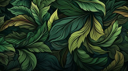 An enchanting vector design of a lush leaf background, emphasizing the intricate patterns, vibrant greens, and the natural beauty of leaves, all