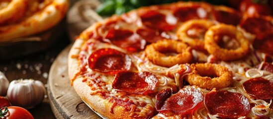 Delicious pepperoni pizza with onion rings featured in appetizing food photo on restaurant menu.