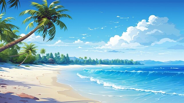 An idyllic vector representation of a Maldivian seascape with soft white sands, swaying palm trees, and the inviting, crystal-clear waters of the Indian Ocean