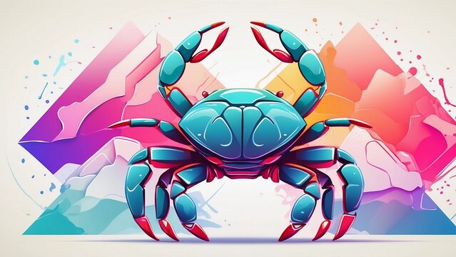 Minimalist neon line logo of a tessellated geometric crab surrounded by colorful smoke effects vectorized, symmetrical, white background