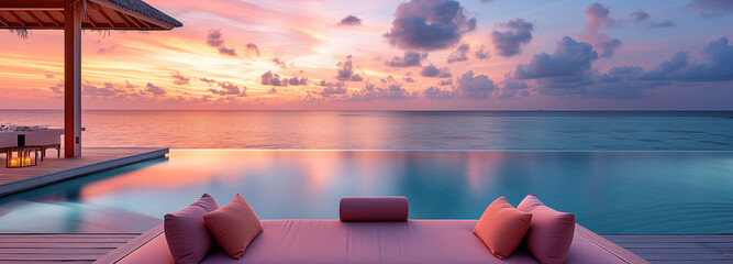 beach bed at beach, sunrise and clouds for banner