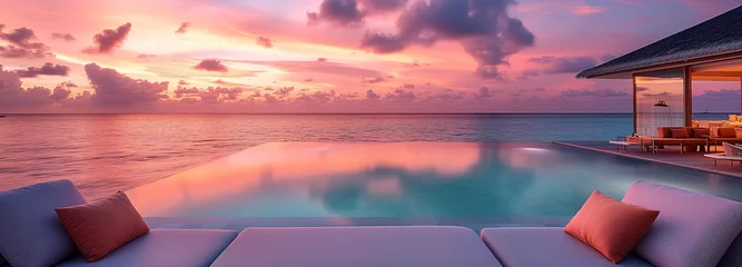 Foto op Plexiglas beach bed at beach, sunrise and clouds for banner © boyhey