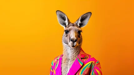 Foto op Plexiglas Kangaroo Couture Extravaganza! Unleash style with this chic kangaroo donning high-end outfits. Perfect for birthdays and invites. Copy space to personalize your message. © Alex