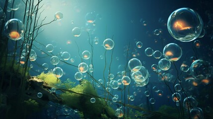 An intricate vector artwork of underwater bubbles, capturing the play of light and shadow on their surfaces, creating a lifelike representation akin to an HD photograph