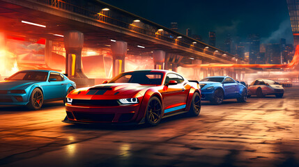 Fototapeta premium A sports car speeding through the city with vibrant light trails, creating a dynamic and energetic urban atmosphere, perfect for automotive and nightlife themes