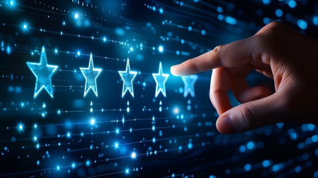 Hand pointing to a five-star digital rating on a virtual interface.