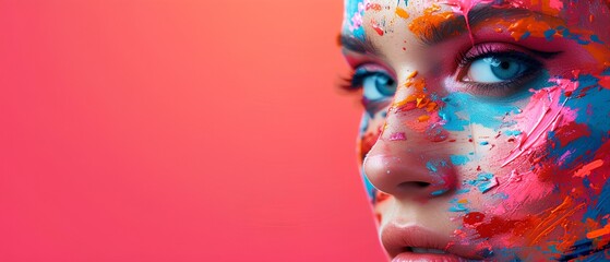 Banner with a woman's face covered in colorful paint explosion on the right corner on solid background. generative AI - obrazy, fototapety, plakaty