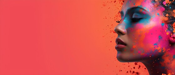 Banner with a woman's face covered in colorful paint explosion on the right corner on solid background. generative AI