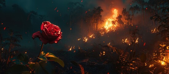 Nighttime view of a burning mountain, fire in the jungle, focused on a rose, forest fire visuals with burning trees and smoke.