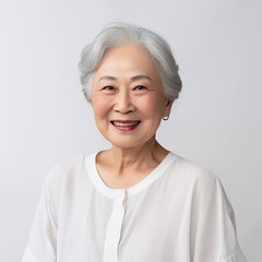 Happy elderly asian woman with short hair on light grey background. Smiles and feels happy.