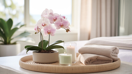 Fototapeta na wymiar Tranquil Spa Day: Orchids, Candles, and Plush Towels Portraying a Scene of Relaxation and Mindful Living for Wellness-Themed Media