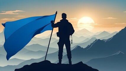 Silhouette of man triumphantly holding a blue flag atop a mountain. Powerful image conveying achievement, success, and reaching new heights.