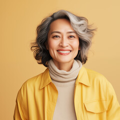 Beautiful mature asian woman posing on a yellow background. Middle aged woman smiles and feels satisfied.