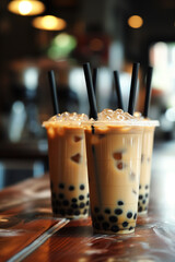 Exquisite Asian drink, bubble tea on the bar counter