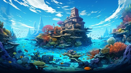 An intricate vector artwork showcasing the underwater beauty of the Maldives, with a diverse coral garden and schools of colorful fish, all