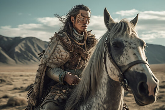 Male Warrior of the Mongoloid race on horseback. Retro style.
