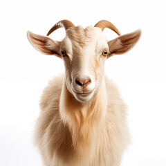 Goat isolated on white background closeup. Front view