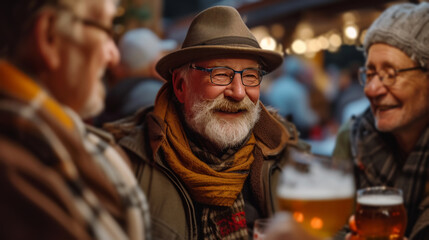 A group of German farmers drinking beer in a bar in the evening