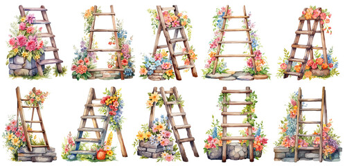 Set of watercolor vintage floral stepladder Sticker, Clipart, PNG, generated ai