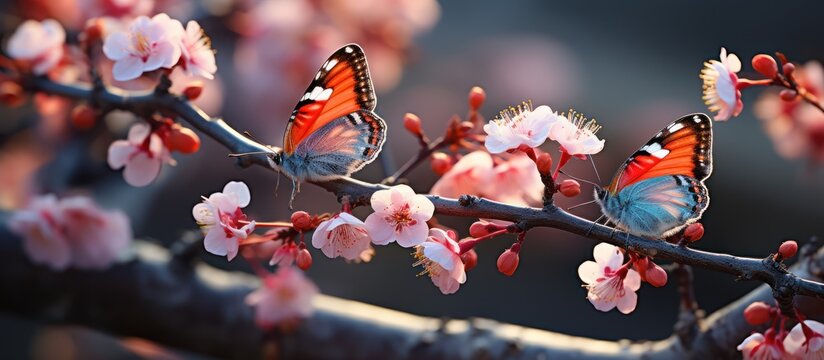 Fototapeta A pair of colorful butterflies are taking nectar from apricot flowers in the garden in early spring