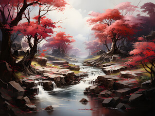 Autumn landscape with river and forest. Digital painting