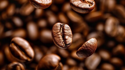 Fototapeta premium Coffee beans flying in the air. The process of making coffee.