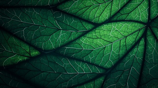 An intricate vector composition of a close-up leaf texture, capturing the fine details and vivid shades of green, resembling a high-definition image
