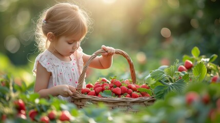 A little girl picked a whole basket of raspberries in a sunny summer garden
