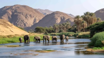 Fotobehang A herd of Elephants came to water at an oasis in the middle of the desert © olegganko