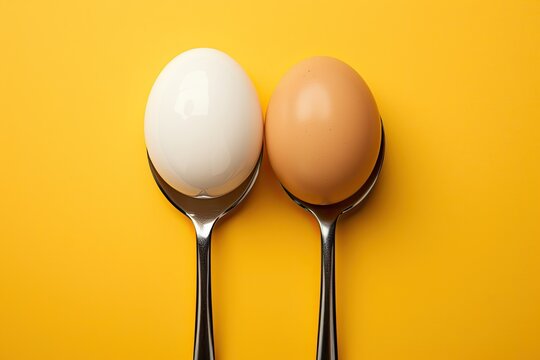 Two different eggs in tablespoons on a yellow background, place for text, Generative AI