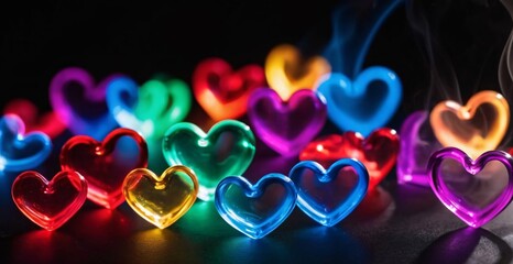 rainbow smoky hearts on black background. - obrazy, fototapety, plakaty
