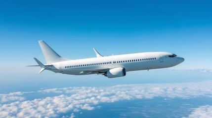 Fototapeta premium A white passenger plane flies against a background without a cloudy blue sky