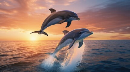 Dolphins jumping on the blue sea  Generative Ai