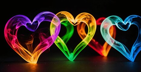 rainbow smoky hearts on black background.