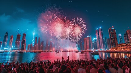 A large crowd of people gathered in the evening and watch the fireworks on the Dubai waterfront - obrazy, fototapety, plakaty
